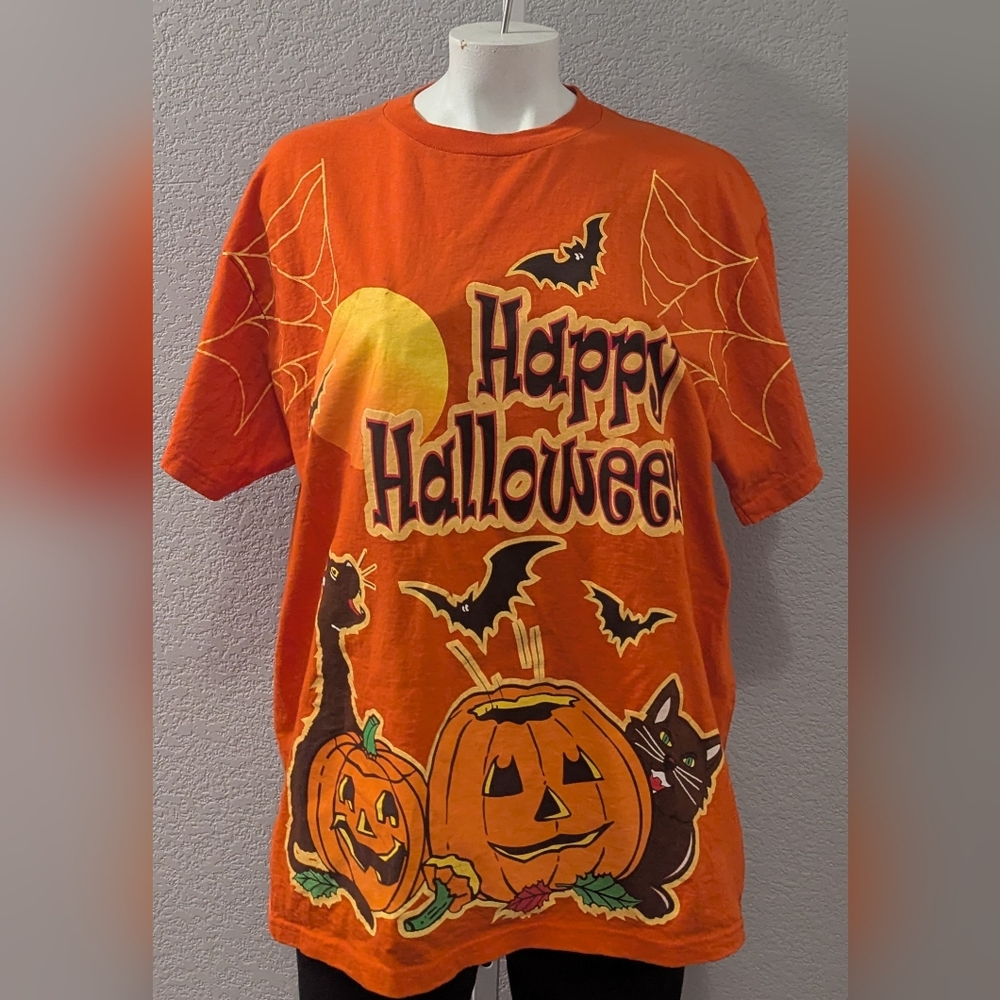 VTG 90s Y2K Halloween T Shirt All Over Print Size Large Orange Black Cat